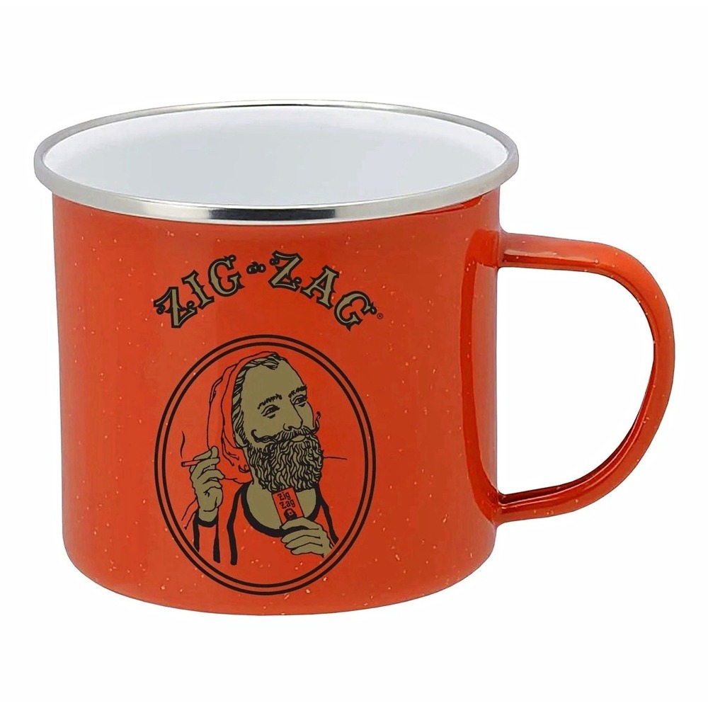 Zig-Zag Slow Burning 12 oz Orange Enamel Metal Coffee Mug Novelty Graphic Cup